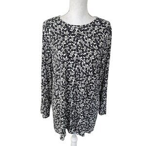 J Jill Women's L Boatneck Split Back Tie B&W‎ Floral Tunic Top EUC Contrast Back